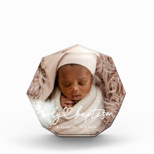 Holy Baptism Modern Elegant Chic Heart Baby Photo Block