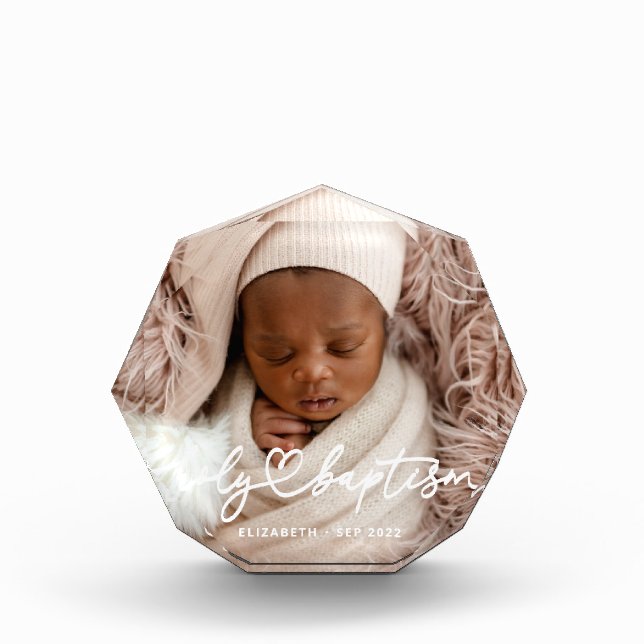 Holy Baptism Modern Elegant Chic Heart Baby Photo Block (Front)