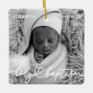 Holy Baptism Modern Elegant Chic Heart Baby Photo Ceramic Ornament