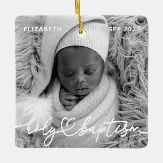 Holy Baptism Modern Elegant Chic Heart Baby Photo Ceramic Ornament (Front)
