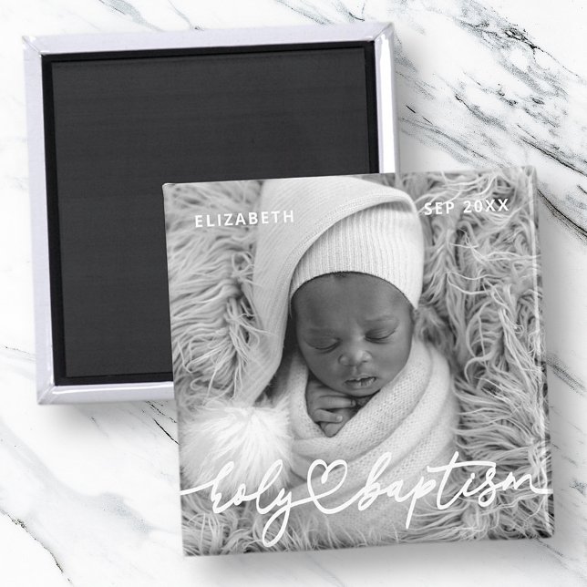 Holy Baptism Modern Elegant Chic Heart Baby Photo Magnet (Creator Uploaded)