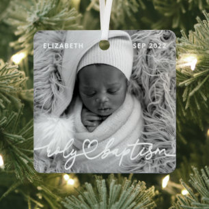 Holy Baptism Modern Elegant Chic Heart Baby Photo Metal Tree Decoration