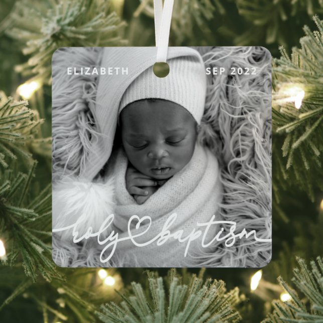 Holy Baptism Modern Elegant Chic Heart Baby Photo Metal Tree Decoration (Insitu)