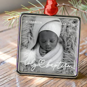 Holy Baptism Modern Elegant Chic Heart Baby Photo Metal Tree Decoration
