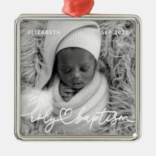Holy Baptism Modern Elegant Chic Heart Baby Photo Metal Tree Decoration