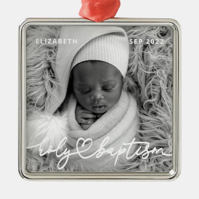 Holy Baptism Modern Elegant Chic Heart Baby Photo Metal Tree Decoration (Front)