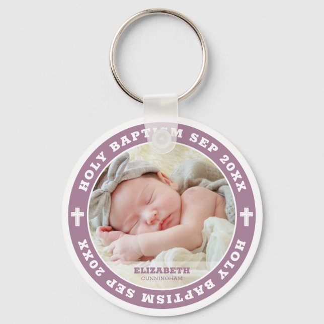 Holy Baptism Modern White Cross Custom Photo Key Ring (Front)