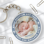 Holy Baptism Modern White Cross Custom Photo Key Ring<br><div class="desc">This simple and modern design is composed of serif typography and add a custom photo.</div>