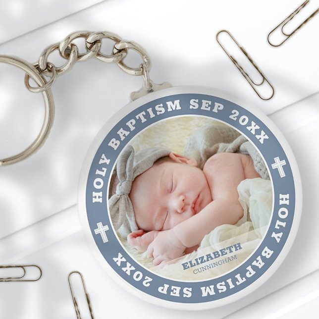 Holy Baptism Modern White Cross Custom Photo Key Ring (Creator Uploaded)