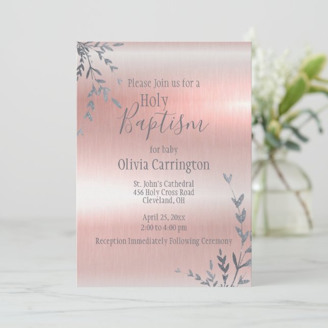 Holy Baptism Pink Metallic Script Christening Invitation (Standing Front)