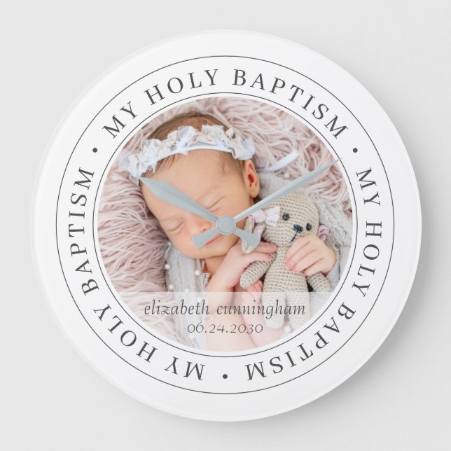 Holy Baptism Simple Frame Modern Custom Photo Large Clock (Front)