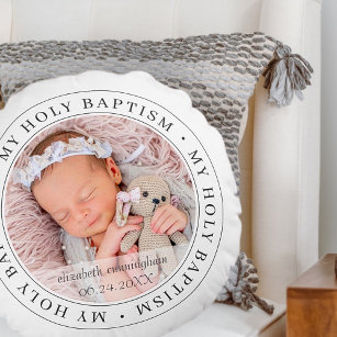 Holy Baptism Simple Frame Modern Custom Photo Round Cushion