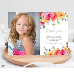 Holy Communion Baptism bright florals thank you Invitation