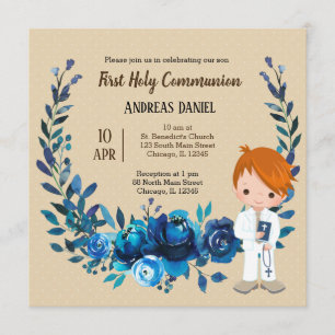 Holy Communion blue wreath Invitation