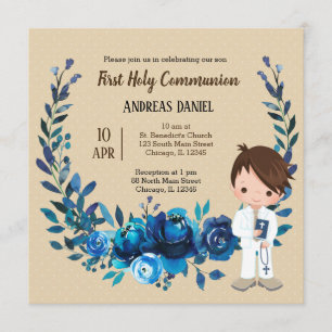 Holy Communion blue wreath Invitation