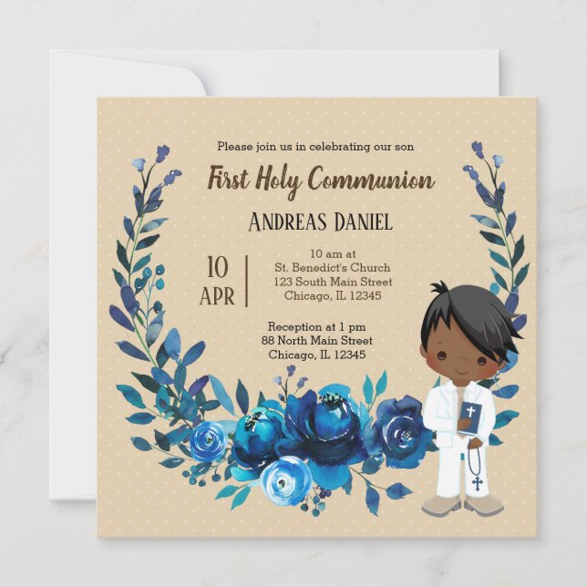 Holy Communion blue wreath Invitation (Front)