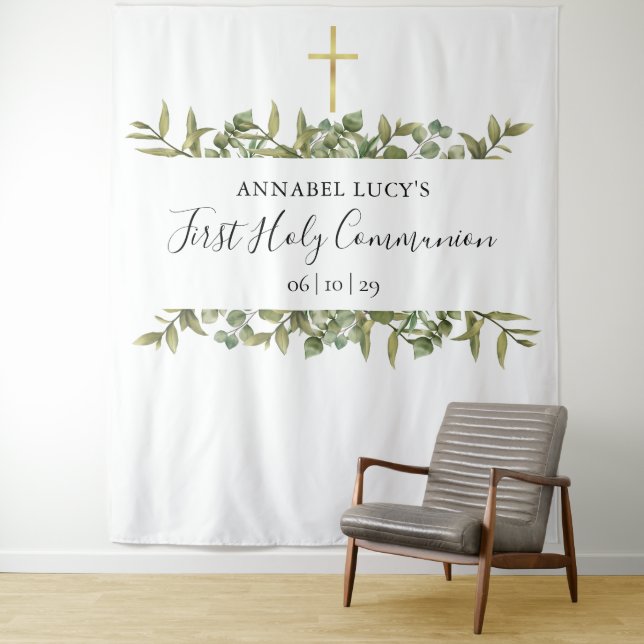 Holy Communion Gold Cross Greenery Photo Backdrop Tapestry (In Situ)