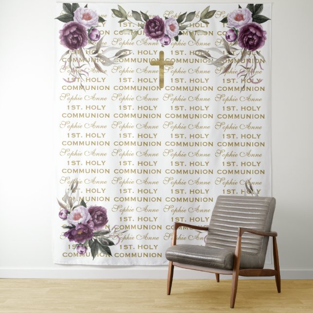 Holy Communion Purple Gold Step & Repeat Backdrop Tapestry (In Situ)