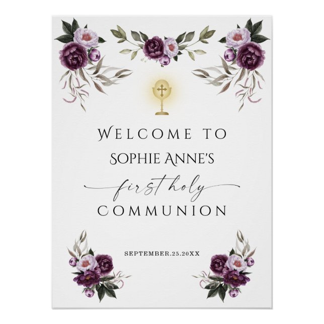Holy Communion Purple Pink Peony Flowers Welcome  Poster (Front)