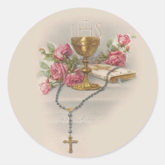 Holy Communion Rosary Eucharist Chalice Bible Classic Round Sticker (Front)