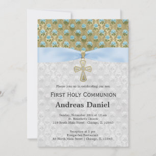 Holy Communion roses on antique gold (Blue) Invitation