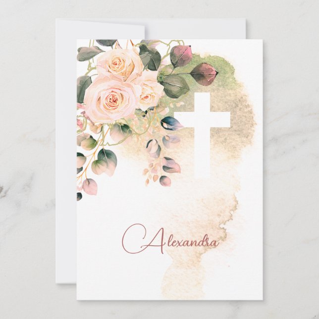  Holy Communion Roses Pink Religious Cross Invitation (Front)