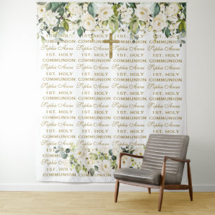 Holy Communion White Floral Step & Repeat Backdrop Tapestry