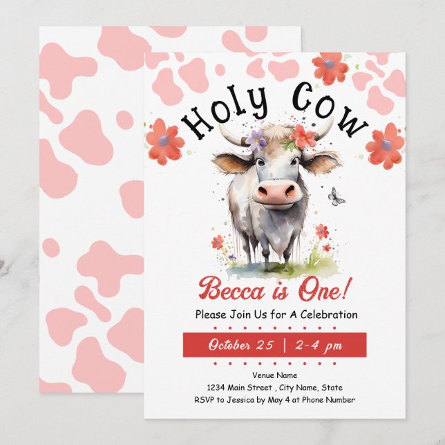 Holy Cow 1st Birthday Girl Invitation (Front/Back)