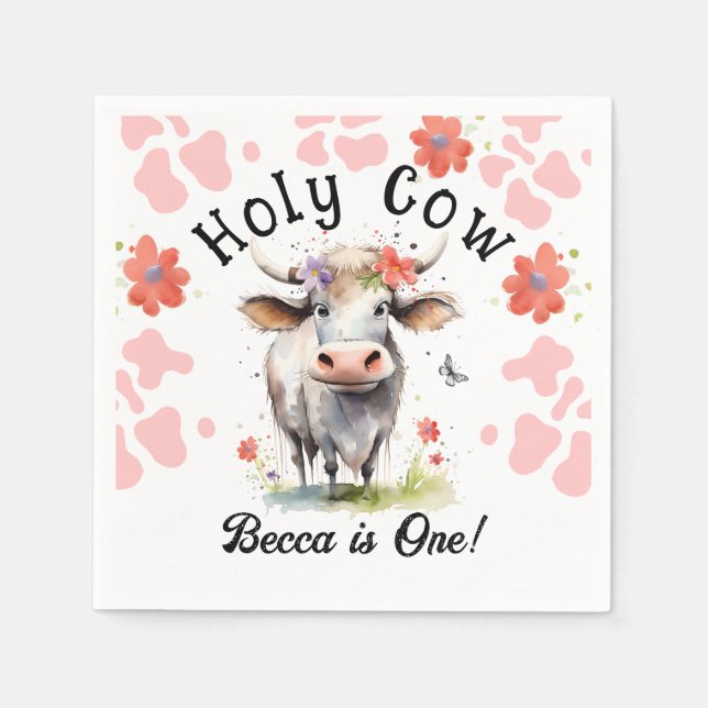 Holy Cow 1st Birthday Girl Napkin (Front)
