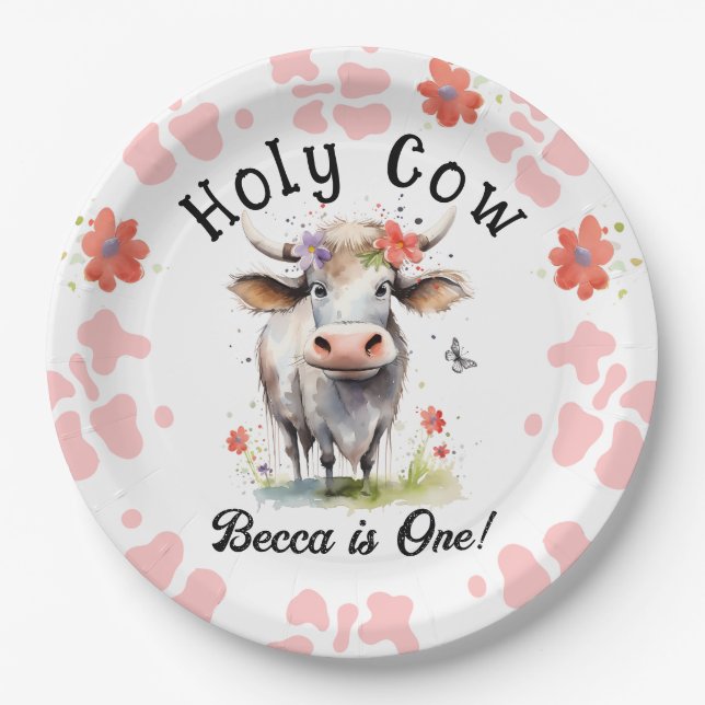 Holy Cow 1st Birthday Girl Paper Plate (Front)
