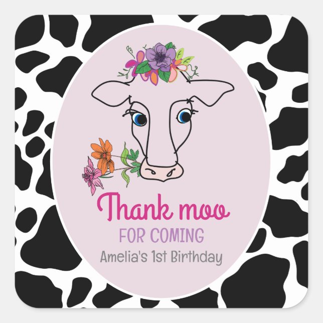 Holy Cow 1st Birthday Thank You Square Sticker (Front)