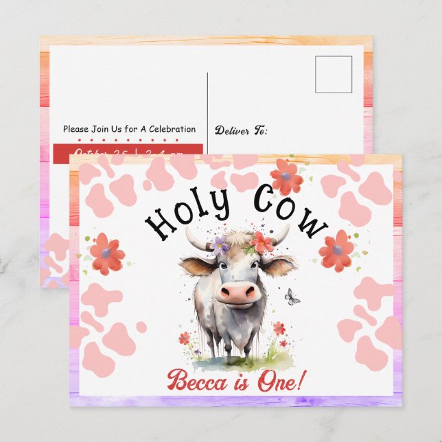 Holy Cow 1st Birthday Watercolor Girl Postcard (Front/Back)