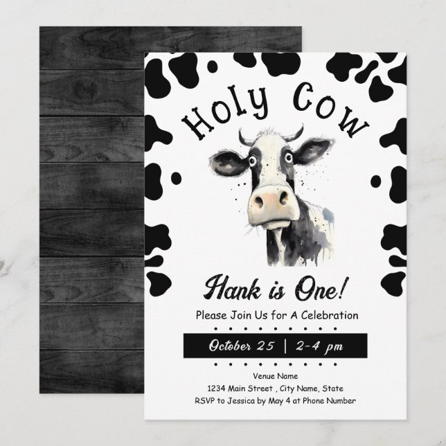 Holy Cow 1st Birthday Watercolor Invitation (Front/Back)