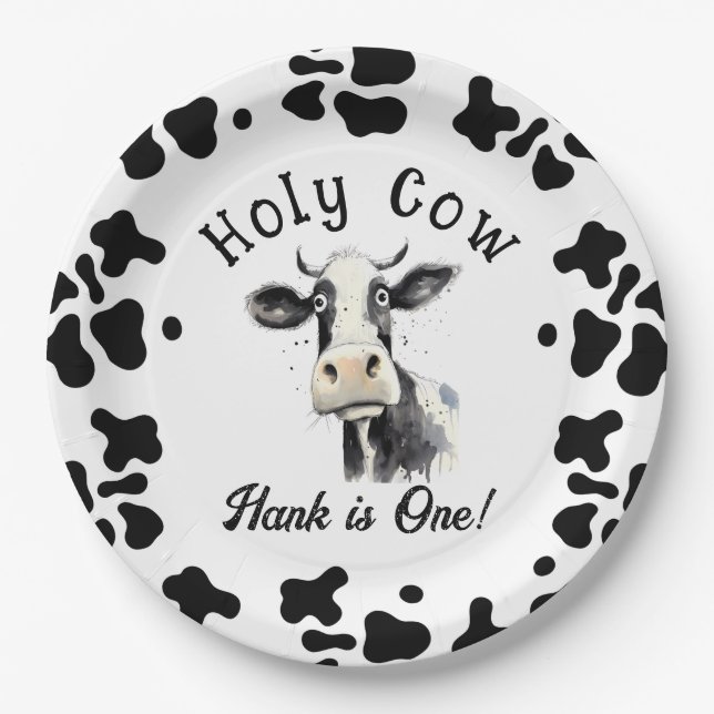 Holy Cow 1st Birthday Watercolor Paper Plate (Front)
