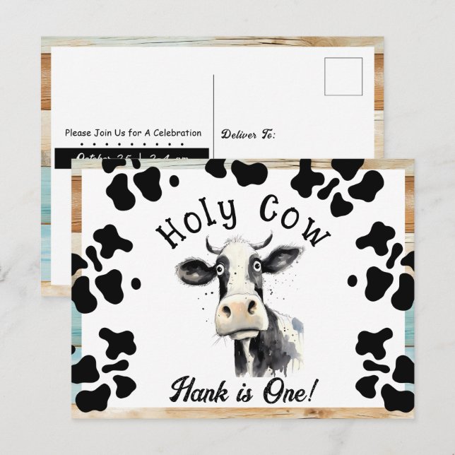 Holy Cow 1st Birthday Watercolor Postcard (Front/Back)