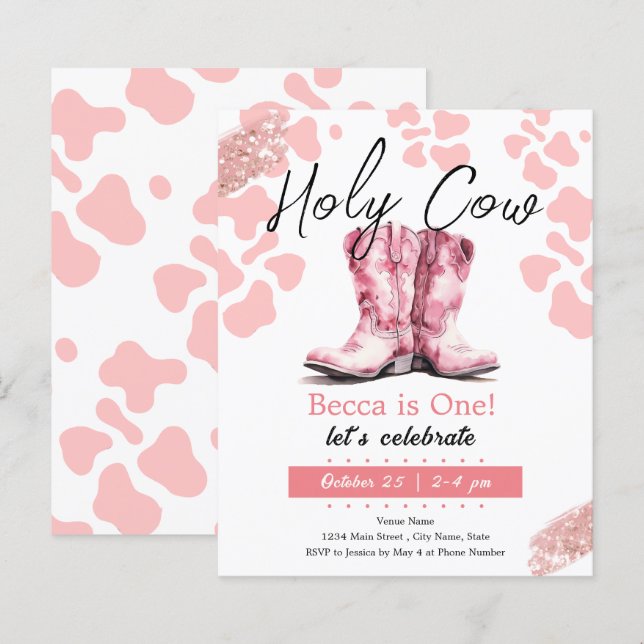 Holy Cow 1st Cowgirl Boots Birthday Girl (Front/Back)