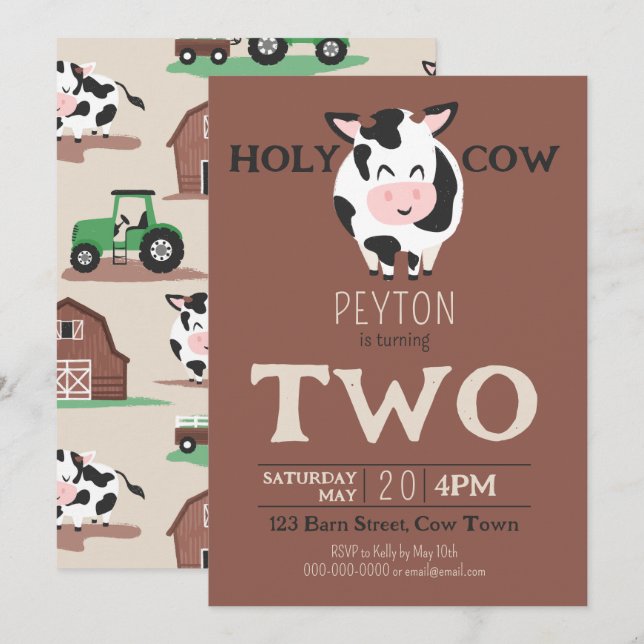 Holy Cow 2nd Birthday Farm Animal Party Invitation (Front/Back)