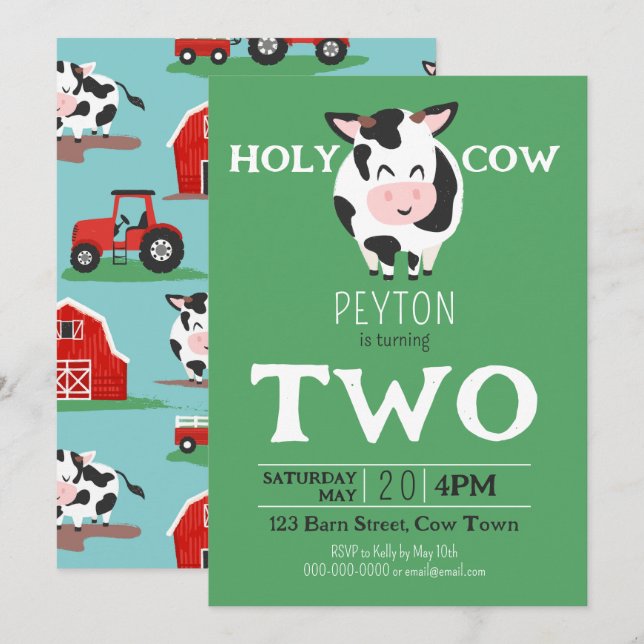 Holy Cow 2nd Birthday Farm Animal Party Invitation (Front/Back)