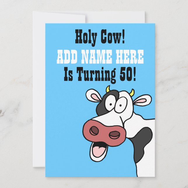 Holy Cow 50th Birthday Funny Cartoon Invite (Front)
