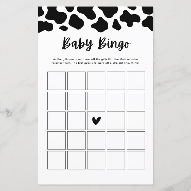 Holy Cow Baby Shower Baby Bingo Game Cards (Front)