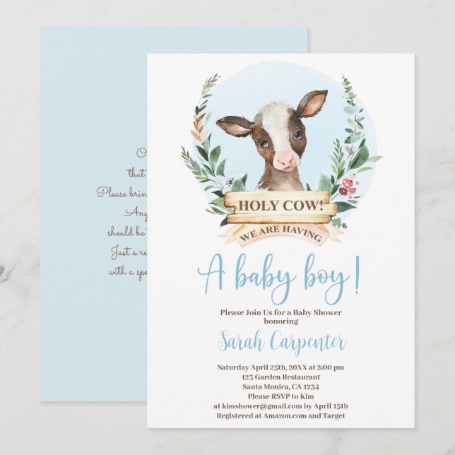 Holy Cow Baby Shower boy Invitation (Front/Back)
