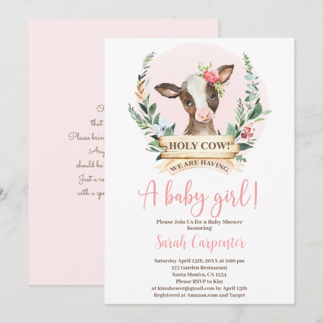 Holy Cow Baby Shower girl Invitation (Front/Back)