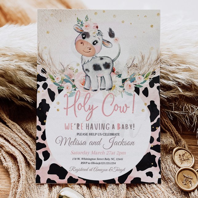 Holy Cow Baby Shower Invitation Cow Boho Pampas  (Holy Cow Baby Shower Invitation Cow Boho Pampas)