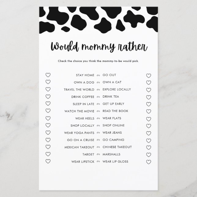 Holy Cow Baby Shower Would Mummy Rather Game (Front)