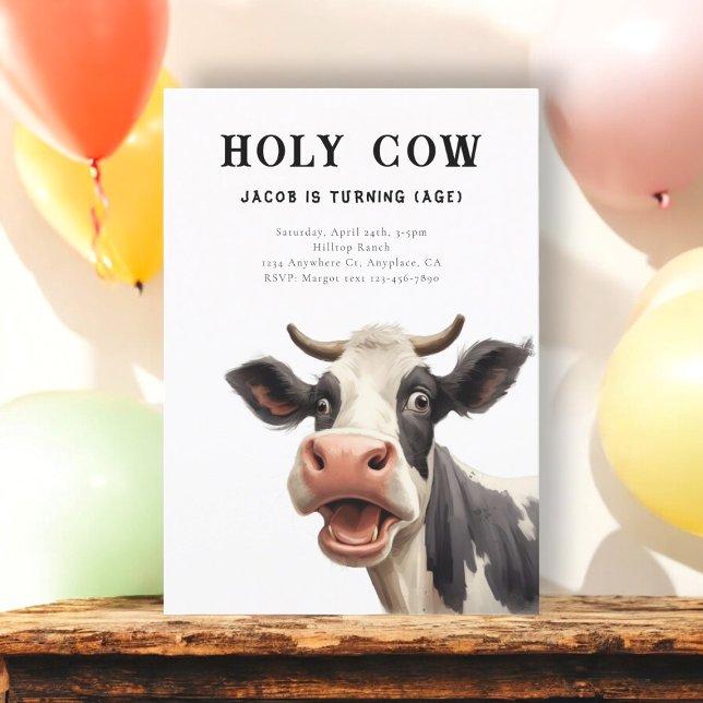 Holy cow birthday party  invitation (holy cow cute simple birthday invitation featuring a fun  watercolor cow looking shocked )