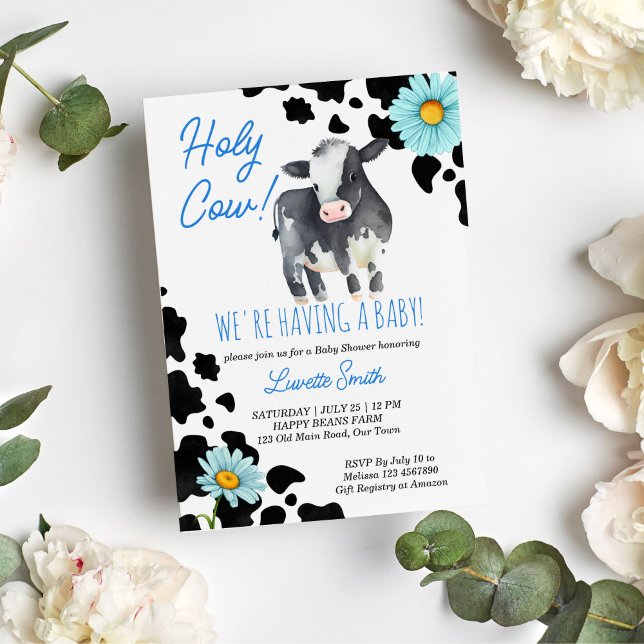Holy cow black and blue cute cow baby shower invitation (Creator Uploaded)