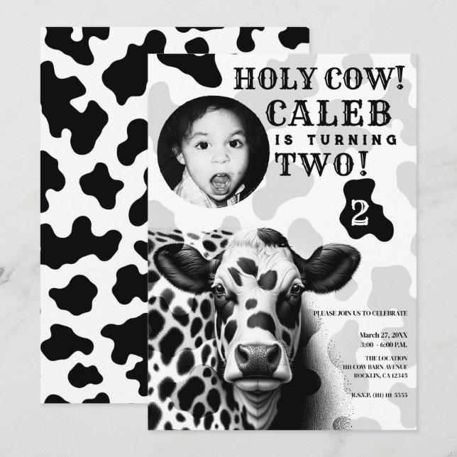Holy Cow! Black & White Country Birthday Party Invitation (Front/Back)