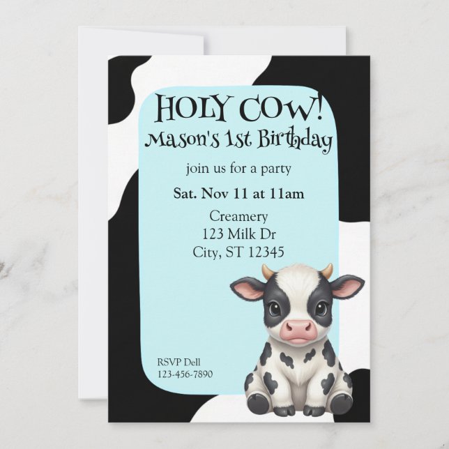 Holy Cow, blue, cow 1st Birthday Invitation (Front)