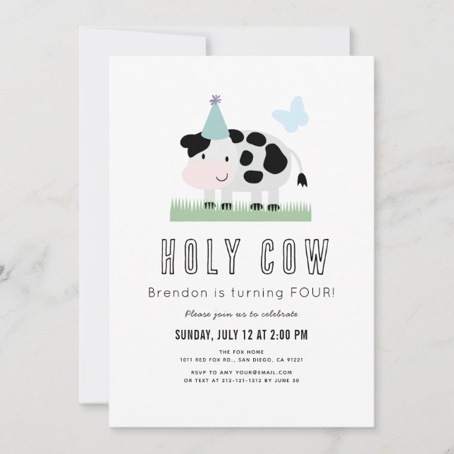 Holy Cow Blue Party Hat Butterfly Boy Birthday Invitation (Front)