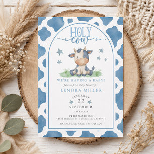 Holy Cow Blue Watercolor Cow Print Baby Shower Invitation
